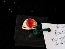 Red gemstone W/ lots of diamonds - 14K yellow gold ring