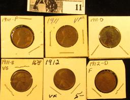 1910P VG, 11P VF, 11D (environmental damage), 11S VG, 12P VF, & 12D Fine U.S. Lincoln Cents.