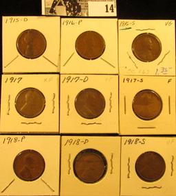 1915D VG, 16P G+, 16S VG, 17P EF, 17D VF, 17S Fine, 18P Good, 18D Fine, & 18S VF  U.S. Lincoln Cents