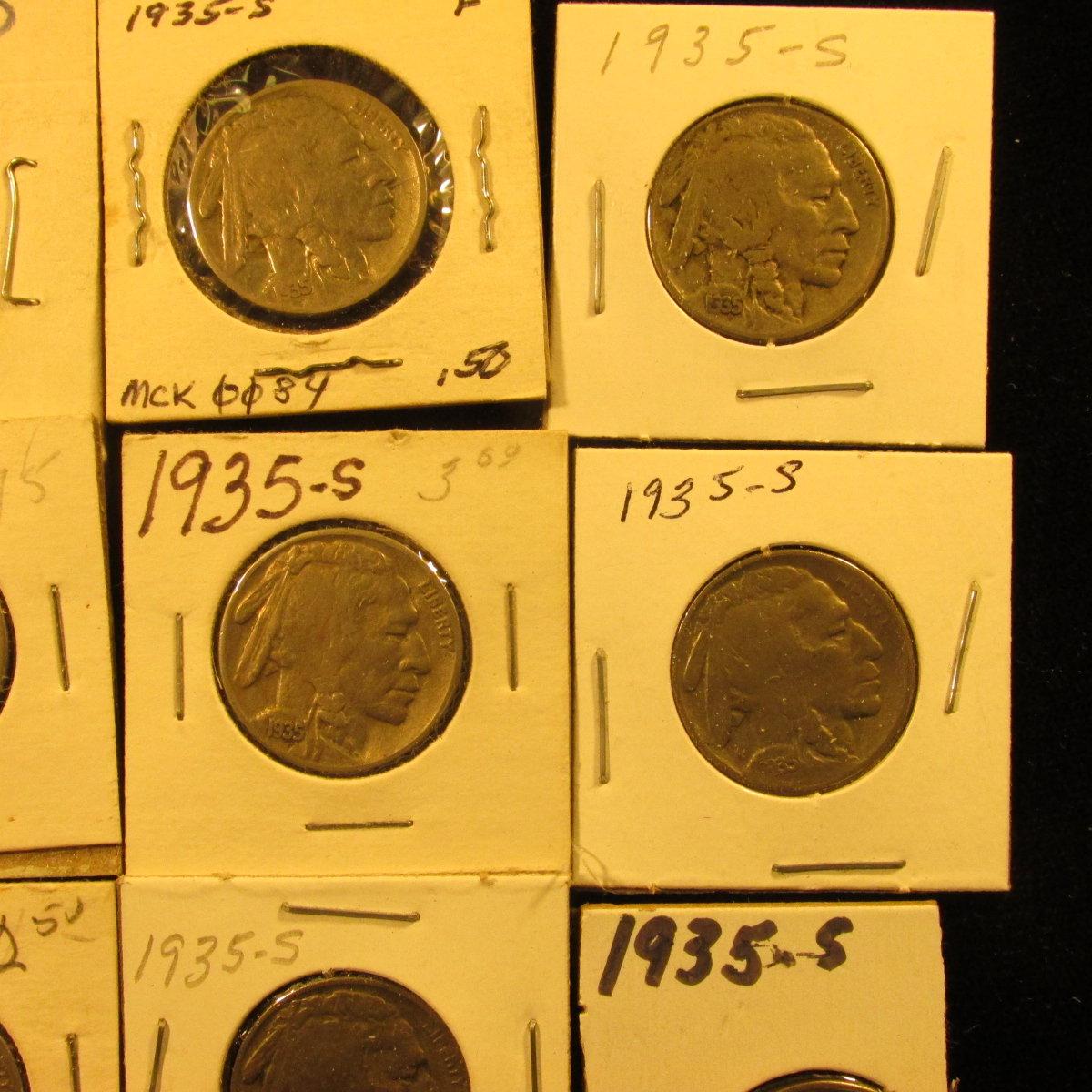 (9) 1935 S Buffalo Nickels all carded in 1 1/2" & 2" holders. Some slightly better grades.