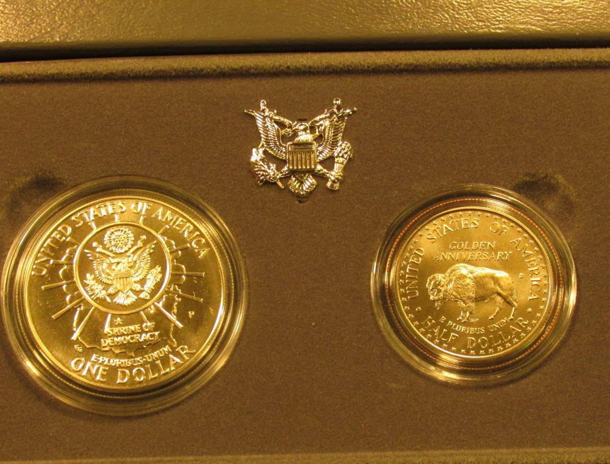 1991 Two-Coin Uncirculated Set of Mount Rushmore Anniversary Coins in original box with literature.