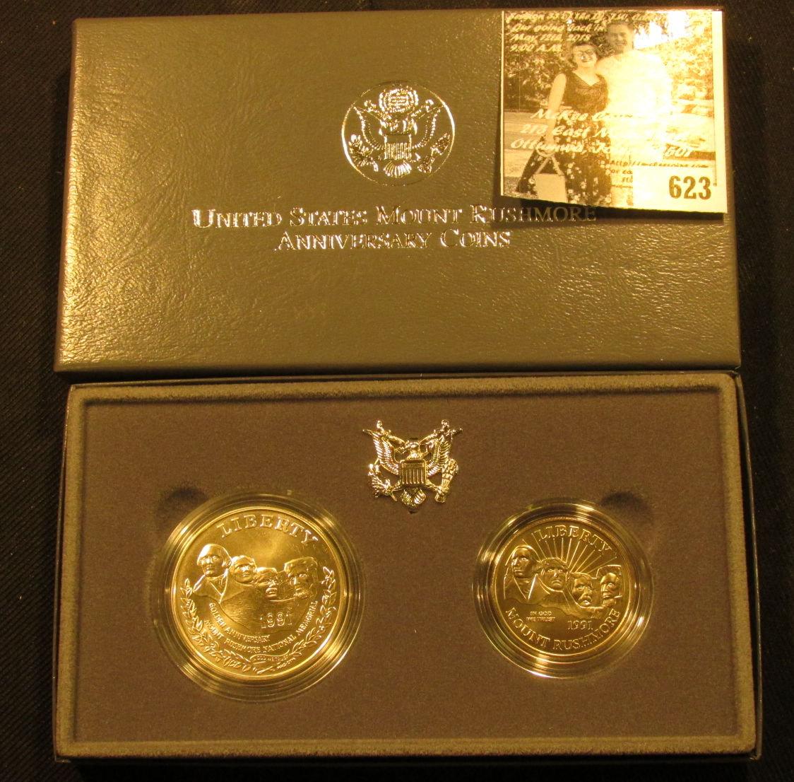 1991 Two-Coin Uncirculated Set of Mount Rushmore Anniversary Coins in original box with literature.