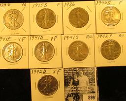 1929D VG, 35S VG, 36P VG, 40S Fine, 41P VF, D VF, S EF, 42P EF, & 42D EF Walking Liberty Half Dollar