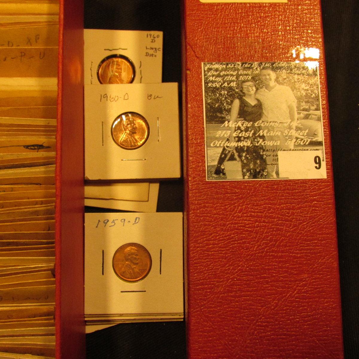 9" Red Stock Box with various 1959-60 Lincoln Cents in manilla envelopes & carded holders with grade