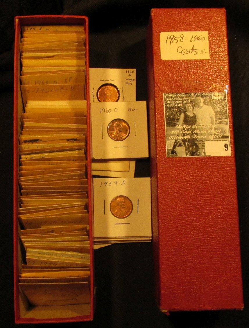 9" Red Stock Box with various 1959-60 Lincoln Cents in manilla envelopes & carded holders with grade