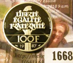 1668 . French Silver Proof 100 Francs Coin Dated 1987.  It Has Gene