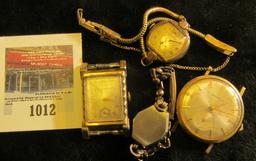 Group of 4 vintage wrist watches for parts, 2 ladies, 2 mens, Benrus, Bulova & Milos, gold filled ca