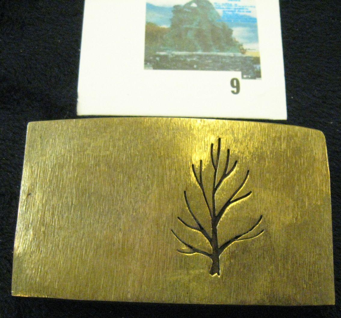 handmade, hand hammered brass belt buckle with artistic tree engraved, signed DMB 13, original price