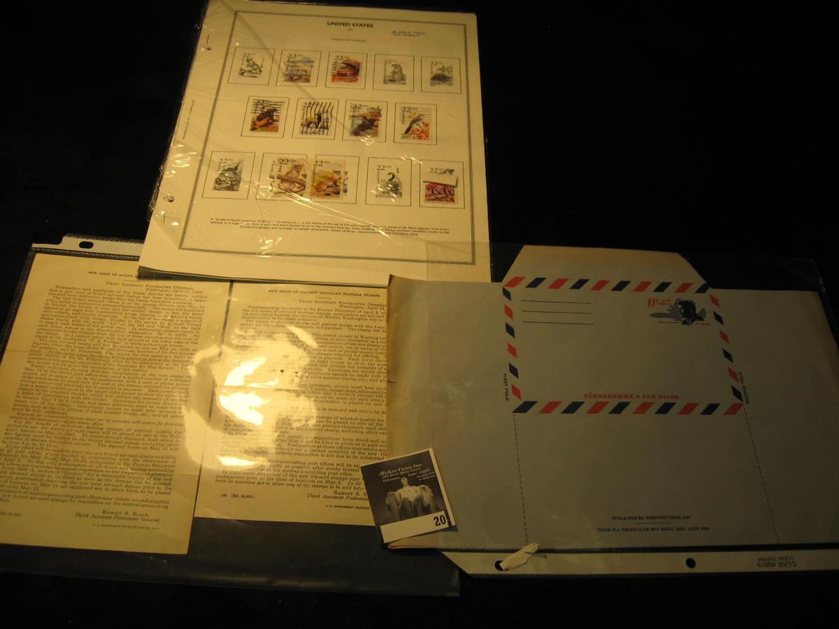 (2) 1938 New Issue Stamp announcements; (10) Album pages with 110 stamps hinged in place; & Scott UC