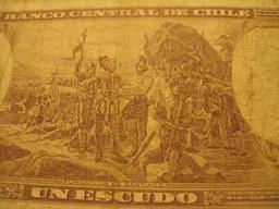 Bank of Central Chile One Escudo Banknote depicting on the reverse the founding of Santiago by the S