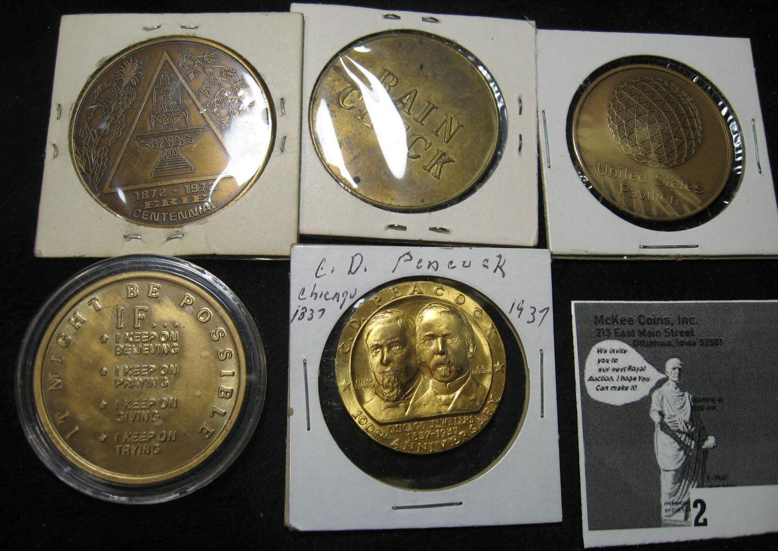 1872-1972 Erie, Illinois Centennial Medal; interesting RAIN CHECK; American Exchange Exchequer Club