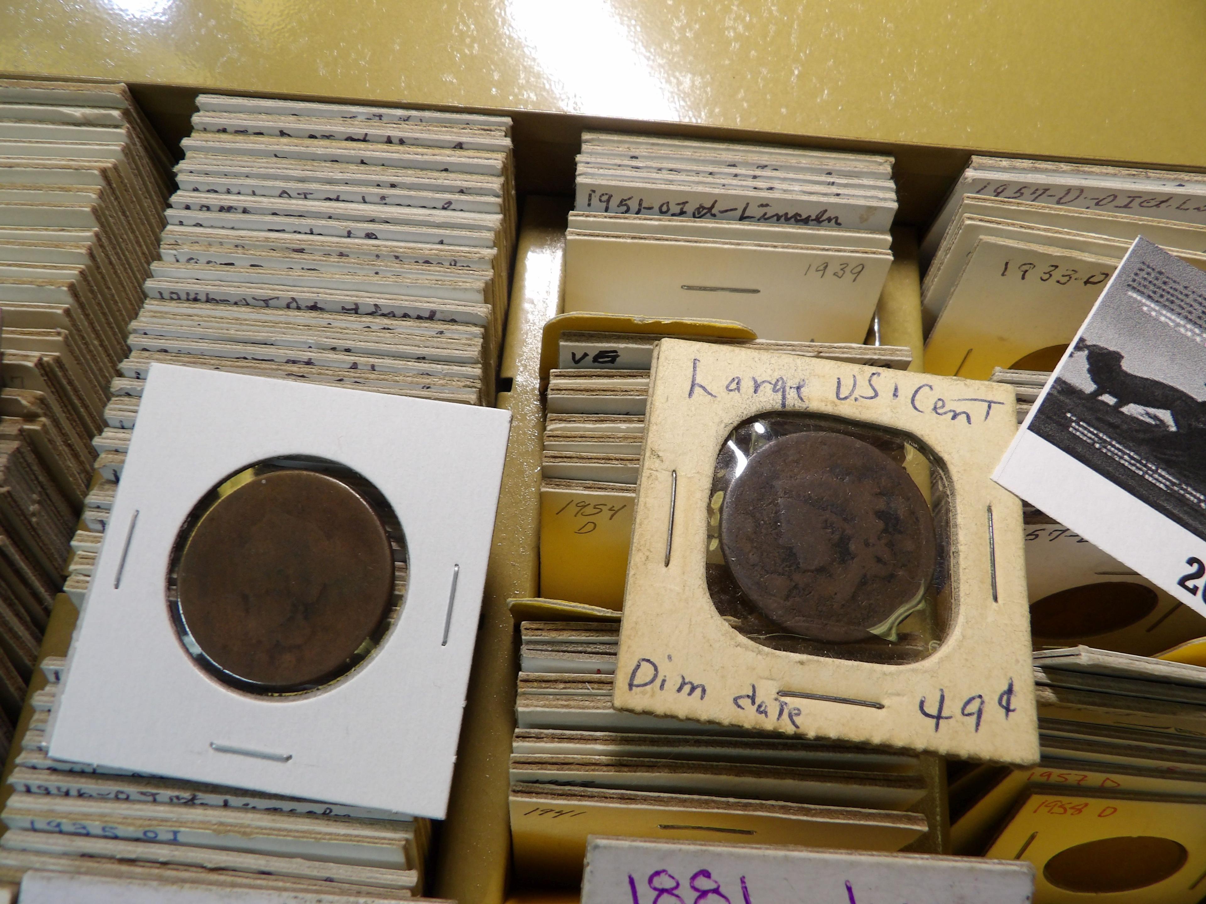 Large Group of Coins in a 2" x 2" Slide case. Mostly Wheat back Cents, but includes a 1935 P Buffalo