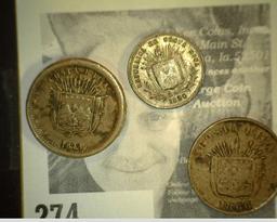 Costa Rica: 1866 & 1874 One Centavos, both VF; & a Silver 1890 Five Centavos, EF.