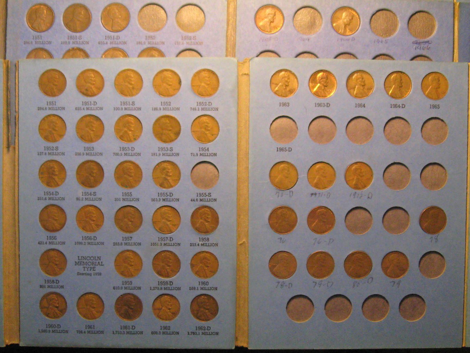 (5) Partial Sets Lincoln Cents Starting in 1941(265) Coins in Whitman Coin Folders.