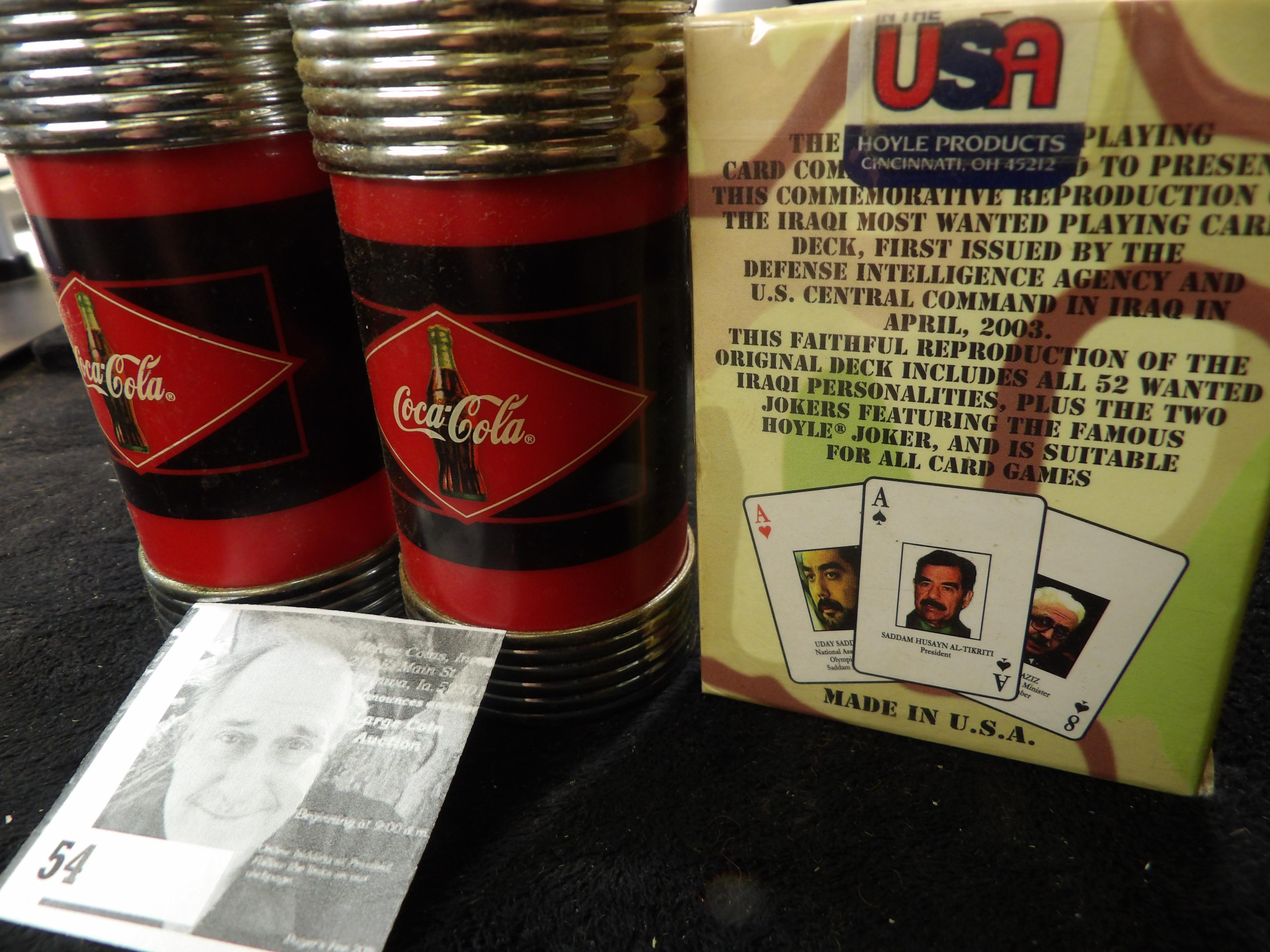 Coca-Cola Salt & Pepper Shakers; & an unopened package of Iraqi Most Wanted Playing Cards.
