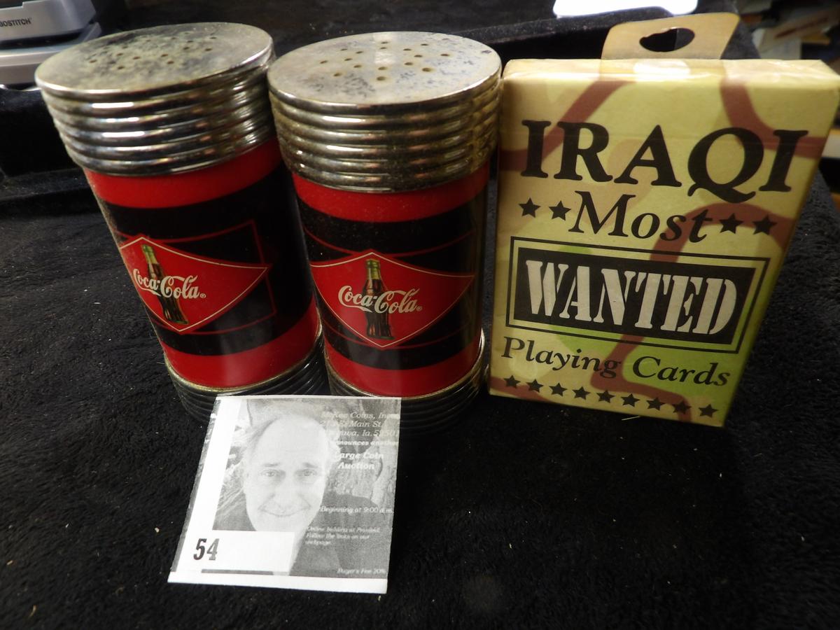 Coca-Cola Salt & Pepper Shakers; & an unopened package of Iraqi Most Wanted Playing Cards.