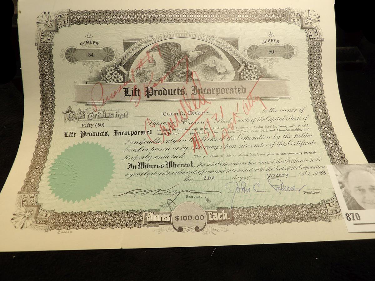 Cancelled Stock Certificate Number 84 "Lift Products, Incorporated". Cedar Rapids, Iowa for 50 Share