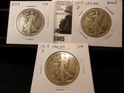 Walking Liberty Half Dollar Lot: 1917 P VG, 1917 D Obverse Mintmark G, & 17 S Obverse Mintmark VG.