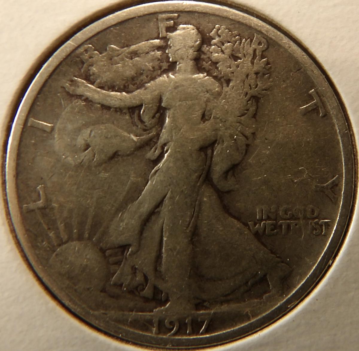 1917 Reverse S Walking Liberty Half Dollar, Fine.