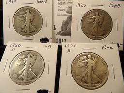 Walking Liberty Half Dollar Lot: 1919 P Good, 20 P Fine, 20 D VG, & 20 S Fine.