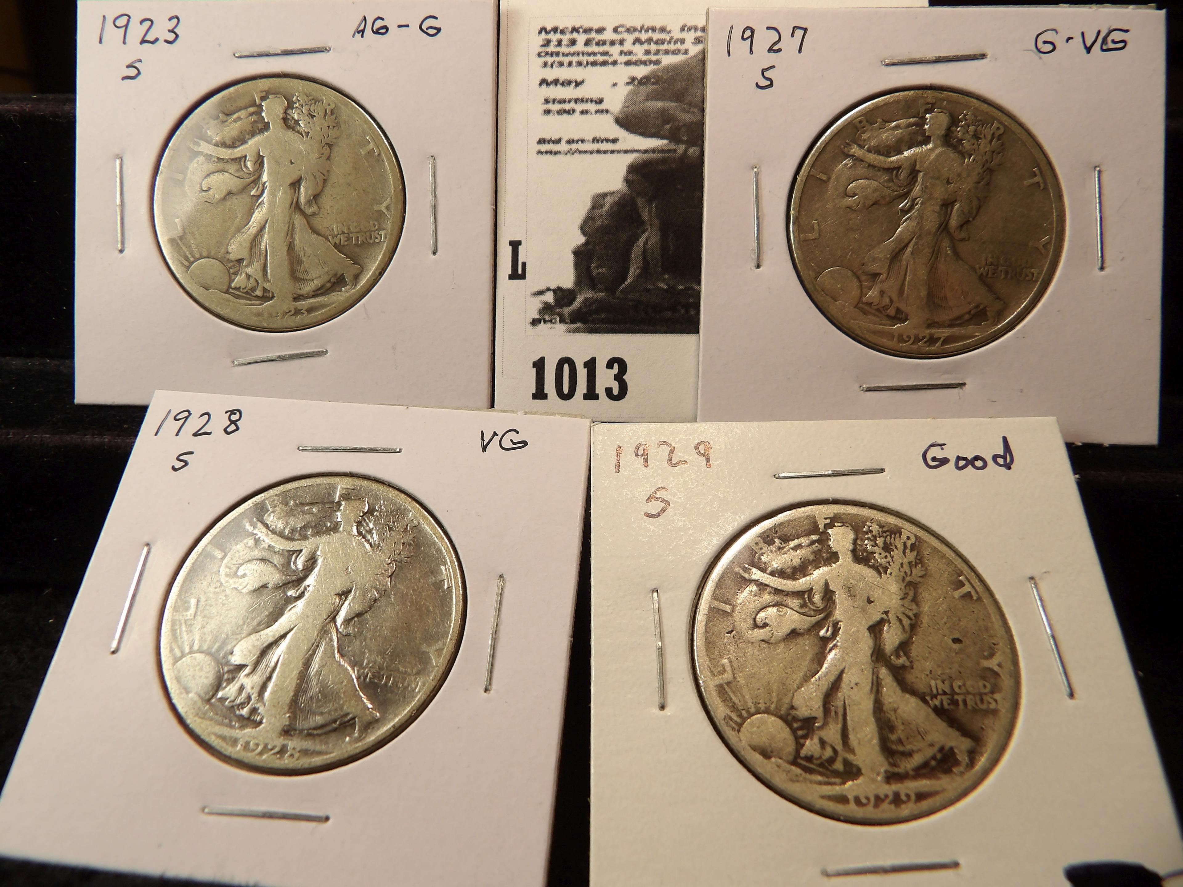 Walking Liberty Half Dollar Lot: 1923 S AG-G, 27 S G-VG, 28 S VG, & 29 S Good.