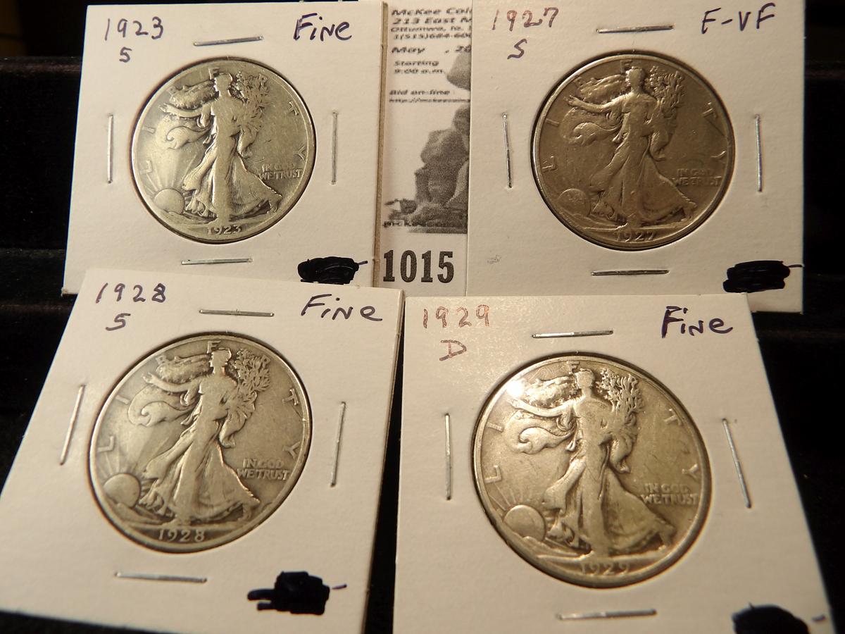 Walking Liberty Half Dollar Lot: 1923 S Fine, 27 S F-VF, 28 S Fine, & 29 D Fine.