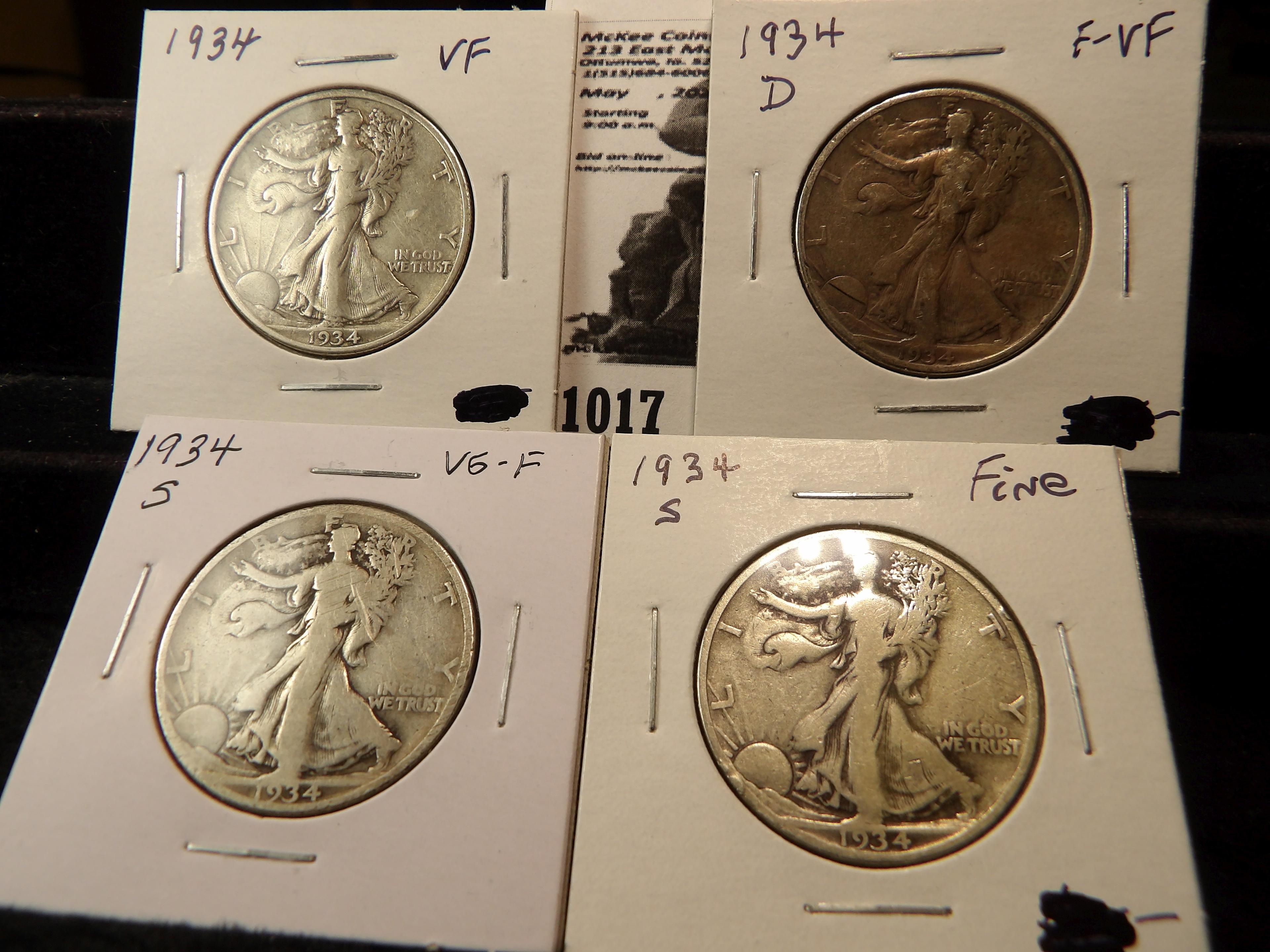 Walking Liberty Half Dollar Lot: 1934 P VF, 34 D F-VF, 34 S VG-F, & 34 S Fine.
