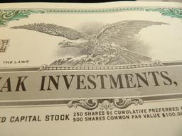 MAK INVESTMENTS, INC. Stock Certificate No. 31 unissued. Upper center Bald Eagle with spread wings.