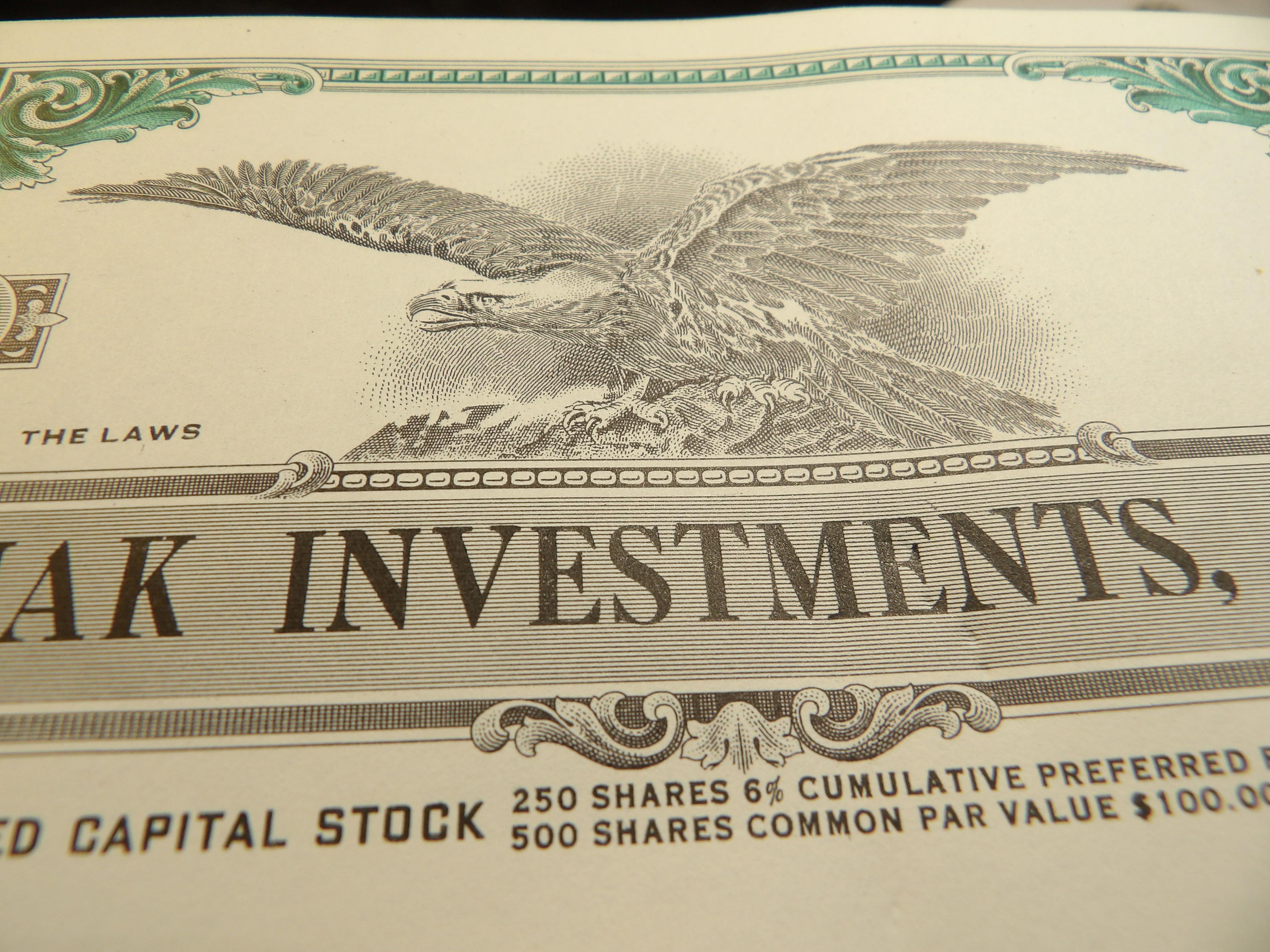 MAK INVESTMENTS, INC. Stock Certificate No. 31 unissued. Upper center Bald Eagle with spread wings.
