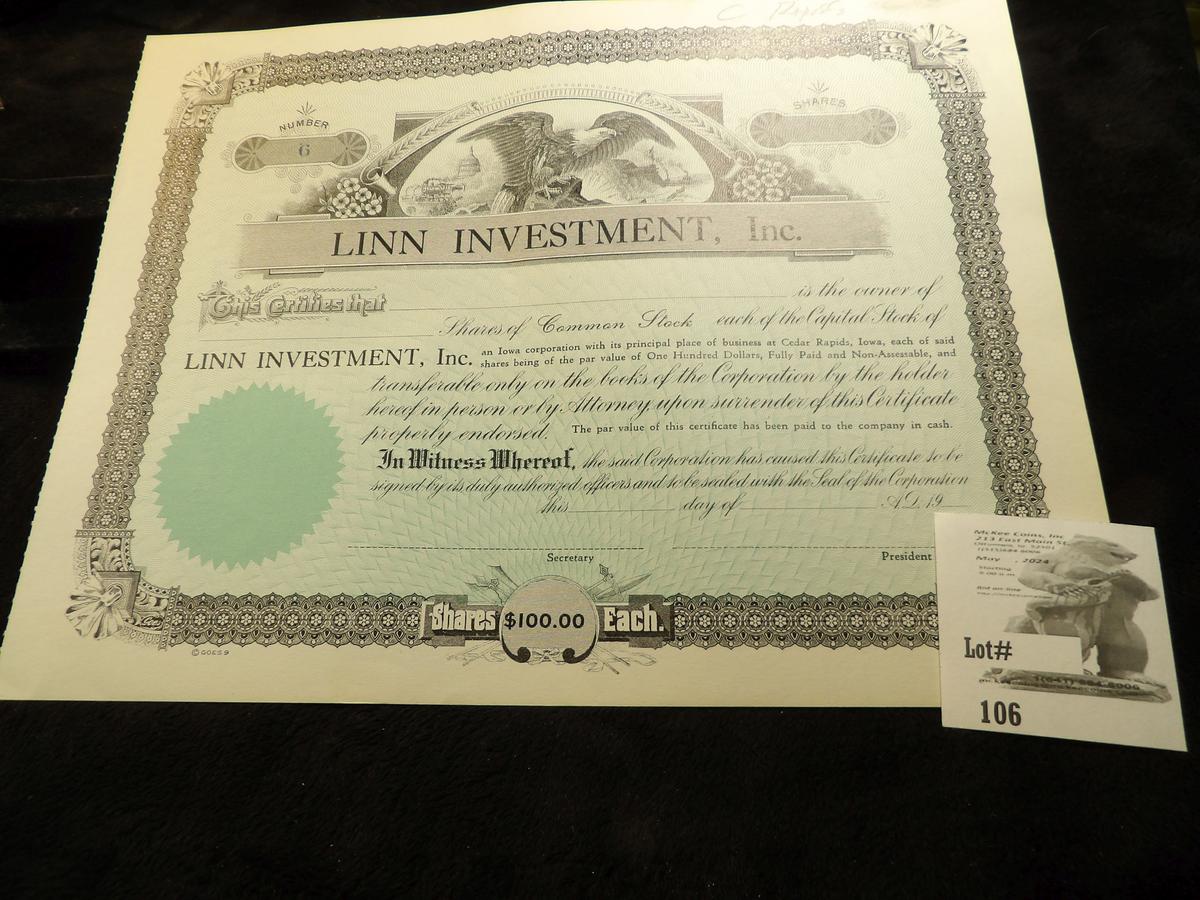 LINN INVESTMENT, INC. Cedar Rapids, Iowa. Unissued Stock Certificate No. 6, Upper center Bald Eagle