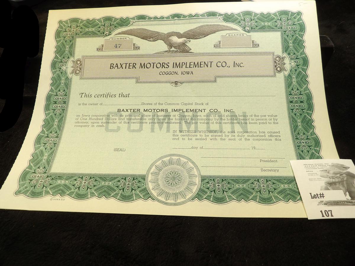 BAXTER MOTORS IMPLEMENT CO., INC. Cogdon, Iowa. Unissued Stock Certificate No. 47, Upper center Bald