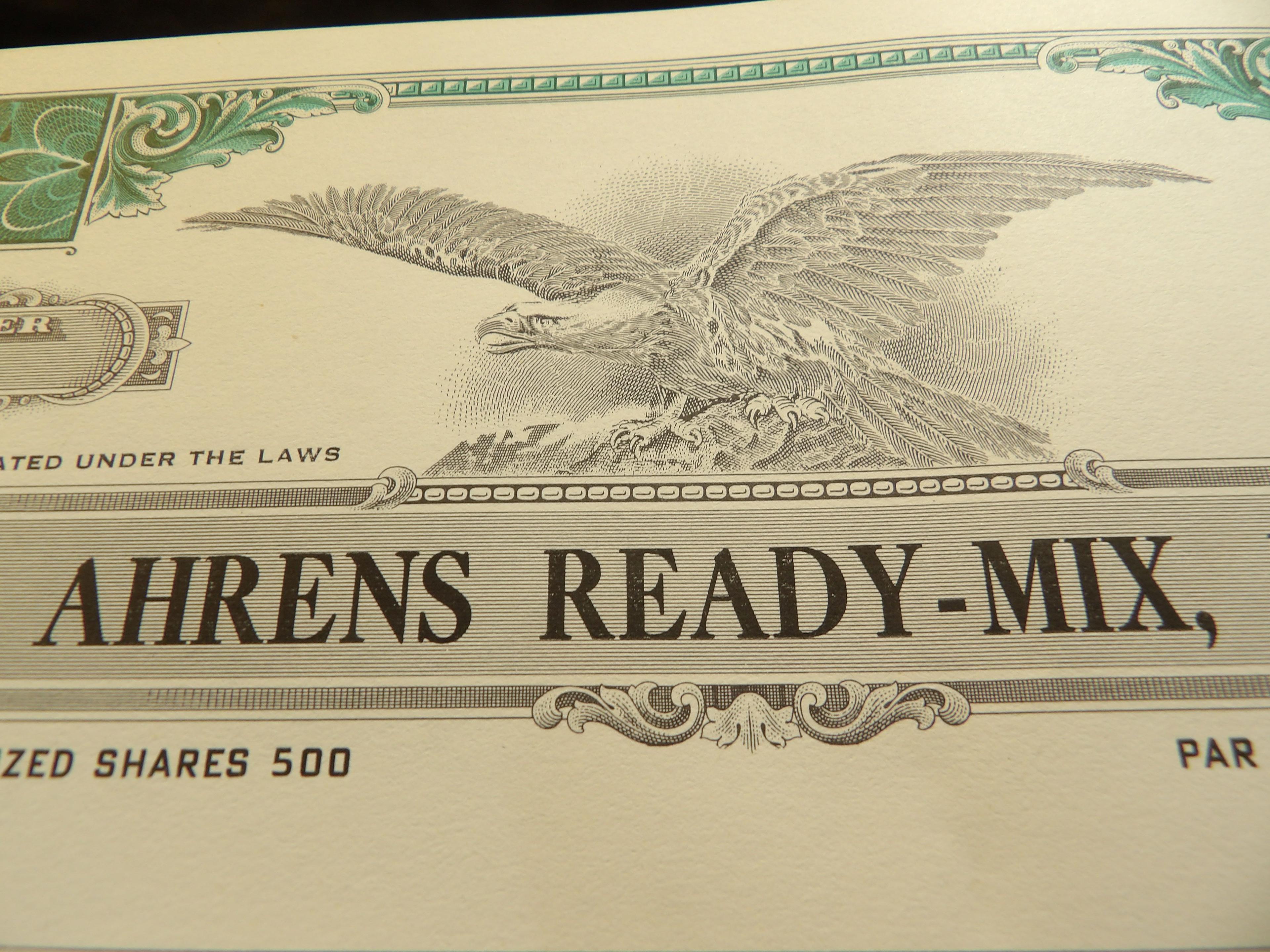 AHRENS READY-MIX, INC. Iowa. Unissued Stock Certificate Number 5, Bald Eagle lithograph upper center