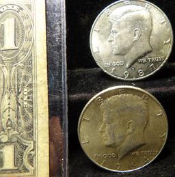 Series 1957 U.S. One Dollar Silver Certificate; 1964 P & 87 D Kennedy Half Dollars; One Ounce copper