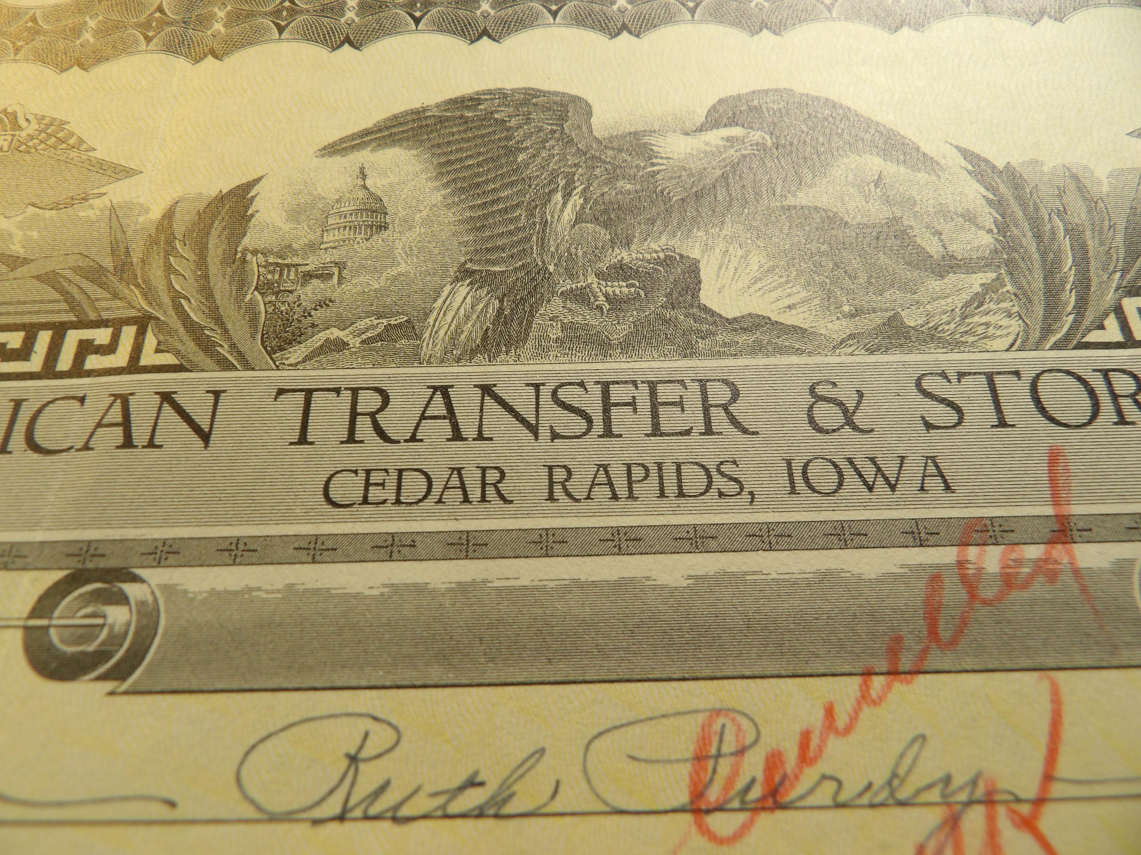 AMERICAN TRANSFER & STORAGE CO., Cedar Rapids, Iowa, 1937 Stock Certificate Number 23 for four share