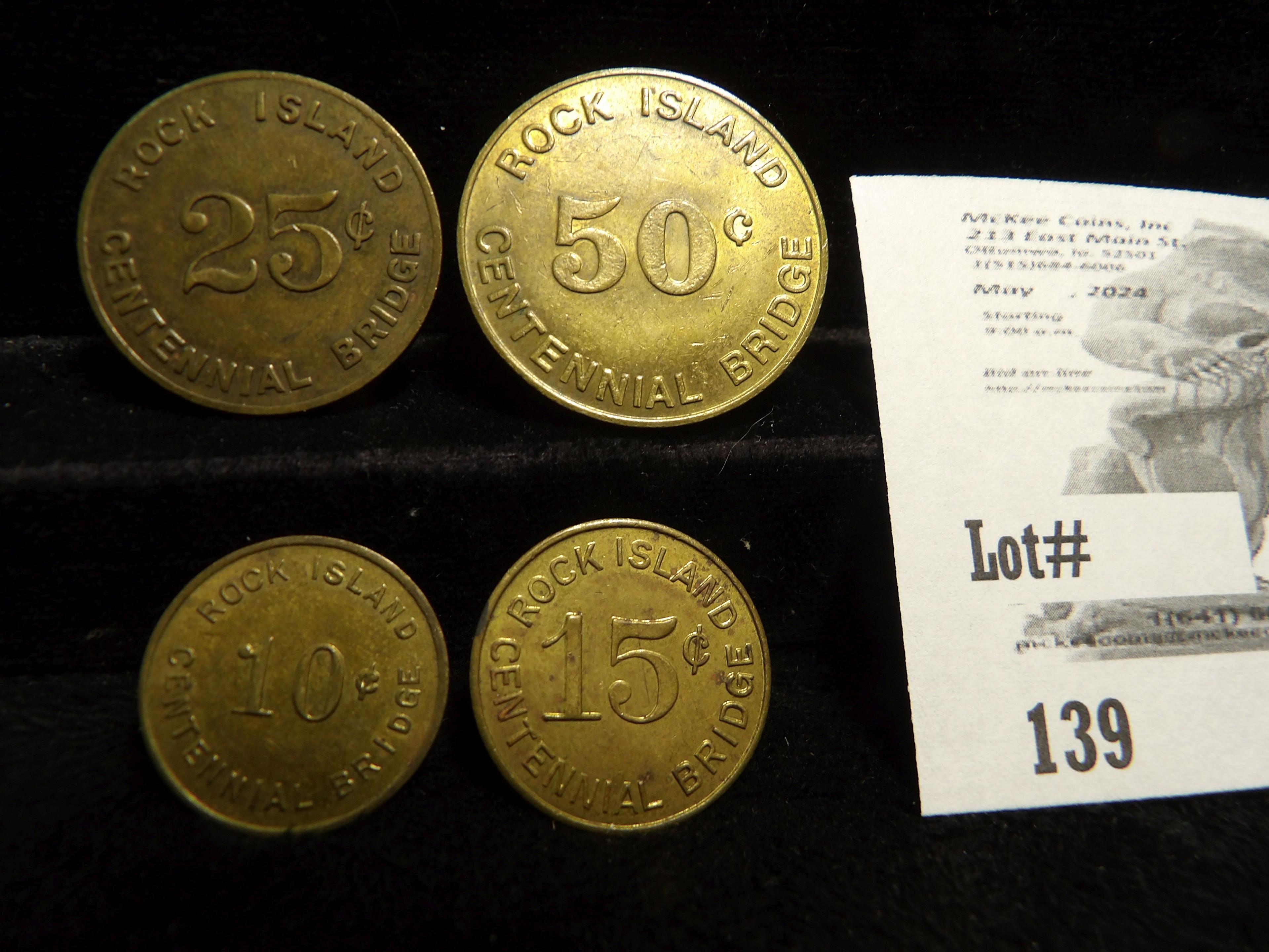 Set of Rock Island Centennial Bridge Tokens: 10c, 15c, 25c, & 50c.