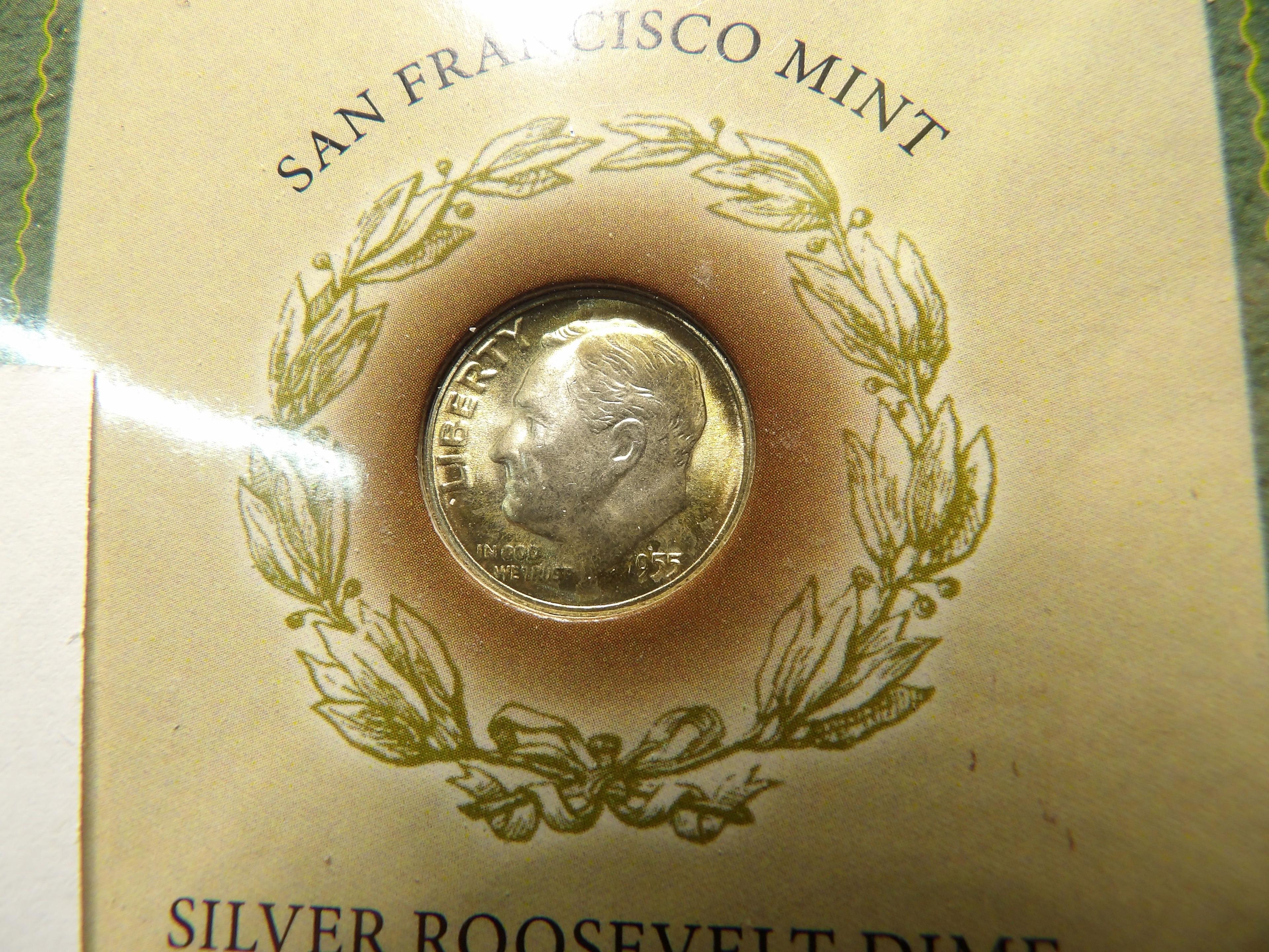 1955 S Gem BU Silver Roosevelt Dime in special holder. Beautiful toning.