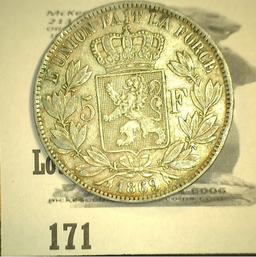 1869 Belgium Silver Five Francs. VF+.