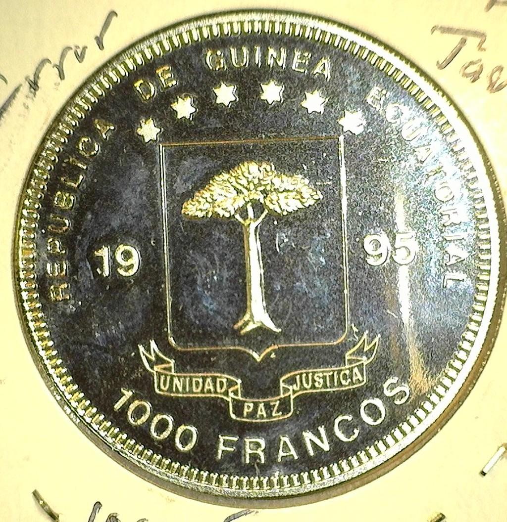 1995 Equatorial Guinea 1000 Francos. KM 84.2. Error coin, should have been Taube, not Tauber.