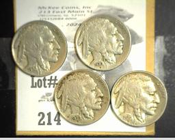 (4) 1930 P Buffalo Nickels. EF.