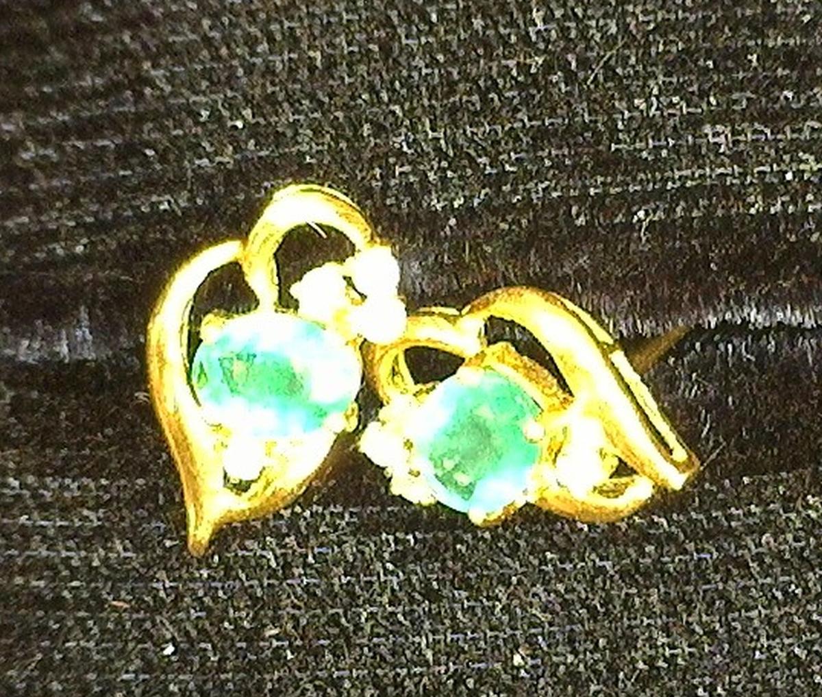 Diamond and Emerald 14K Gold Earrings. One is missing the back.