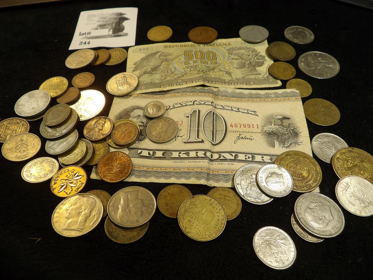 1966 Republic of Italy & 1938 Denmark 10 Kroner Banknotes & a selection of Foreign Coins.