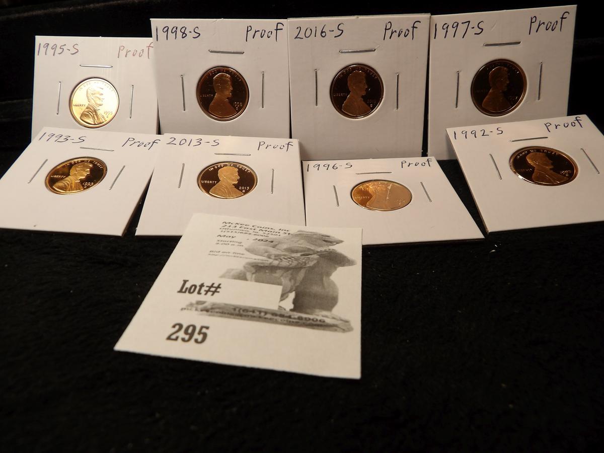 1992S, 93S, 95S, 96S, 97S, 98S, 2013S, & 2016S U.S. Proof Lincoln Cents. All carded.