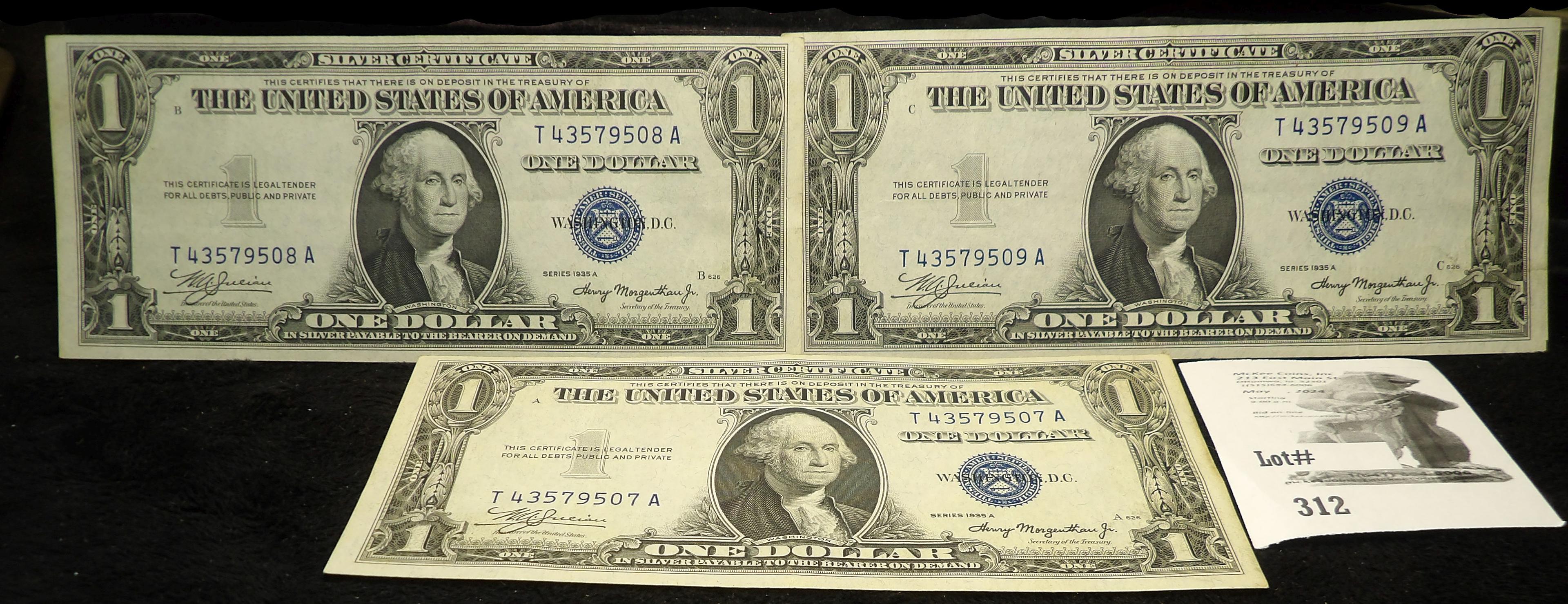 (3) Series 1935A $1 Silver Certificates, CU with sequential serial numbers.