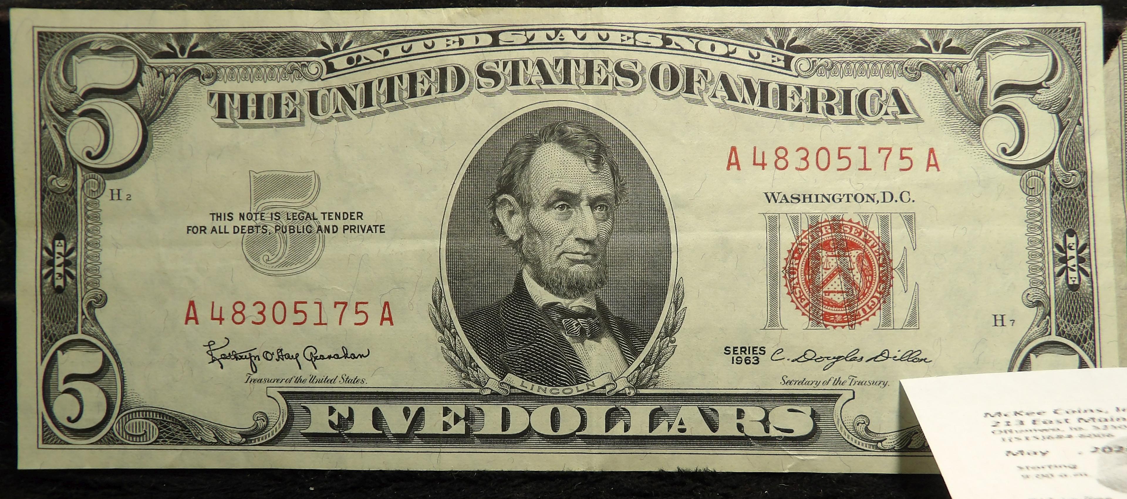 Series 1928D $2 U.S. Note, Red Seal, upper left corner missing; & Series 1963 $5 U.S. Note, Red Seal