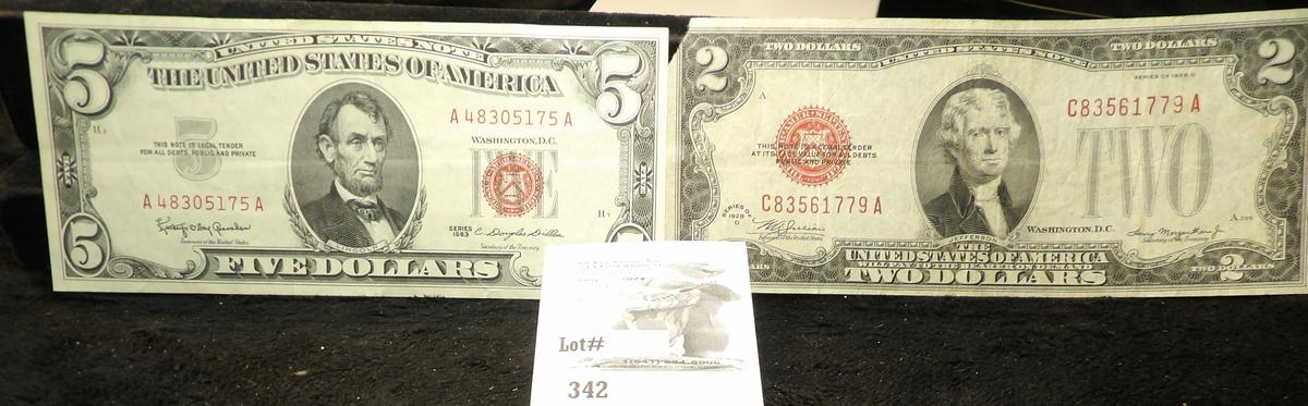Series 1928D $2 U.S. Note, Red Seal, upper left corner missing; & Series 1963 $5 U.S. Note, Red Seal