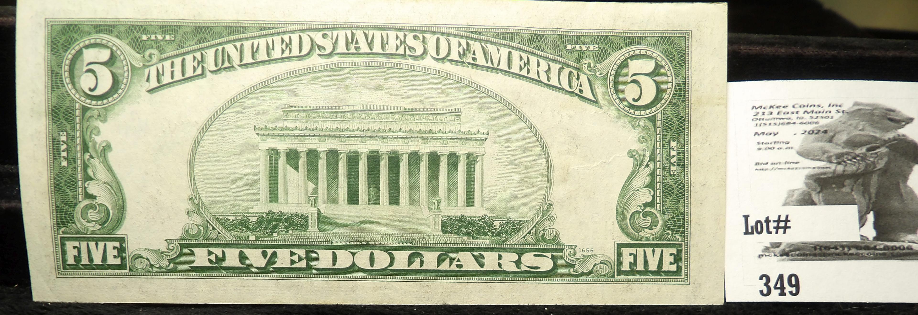 Series 1934A $5 Federal Reserve Note, "H" St. Louis, Mo., High grade.