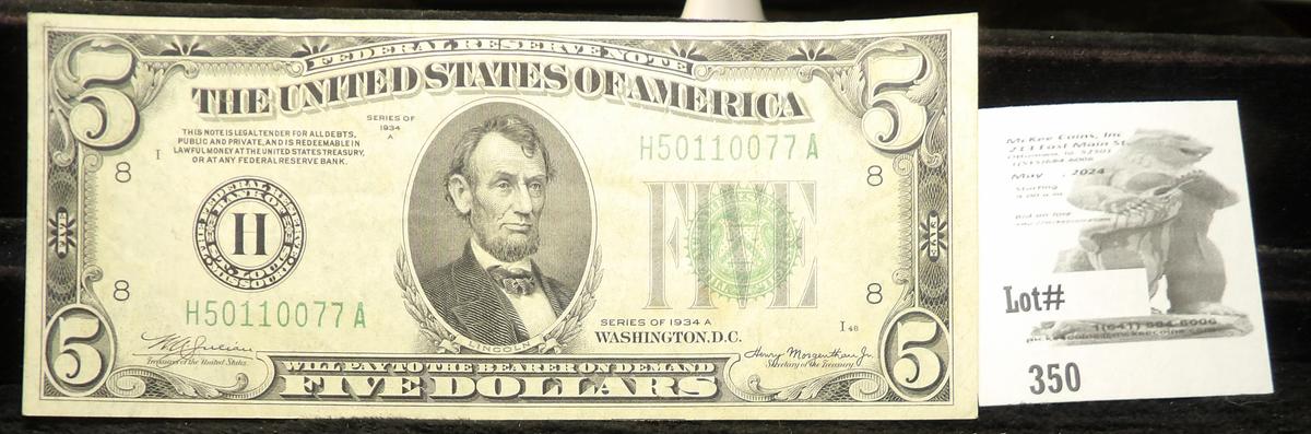 Series 1934A $5 Federal Reserve Note, "H" St. Louis, Mo., High grade.