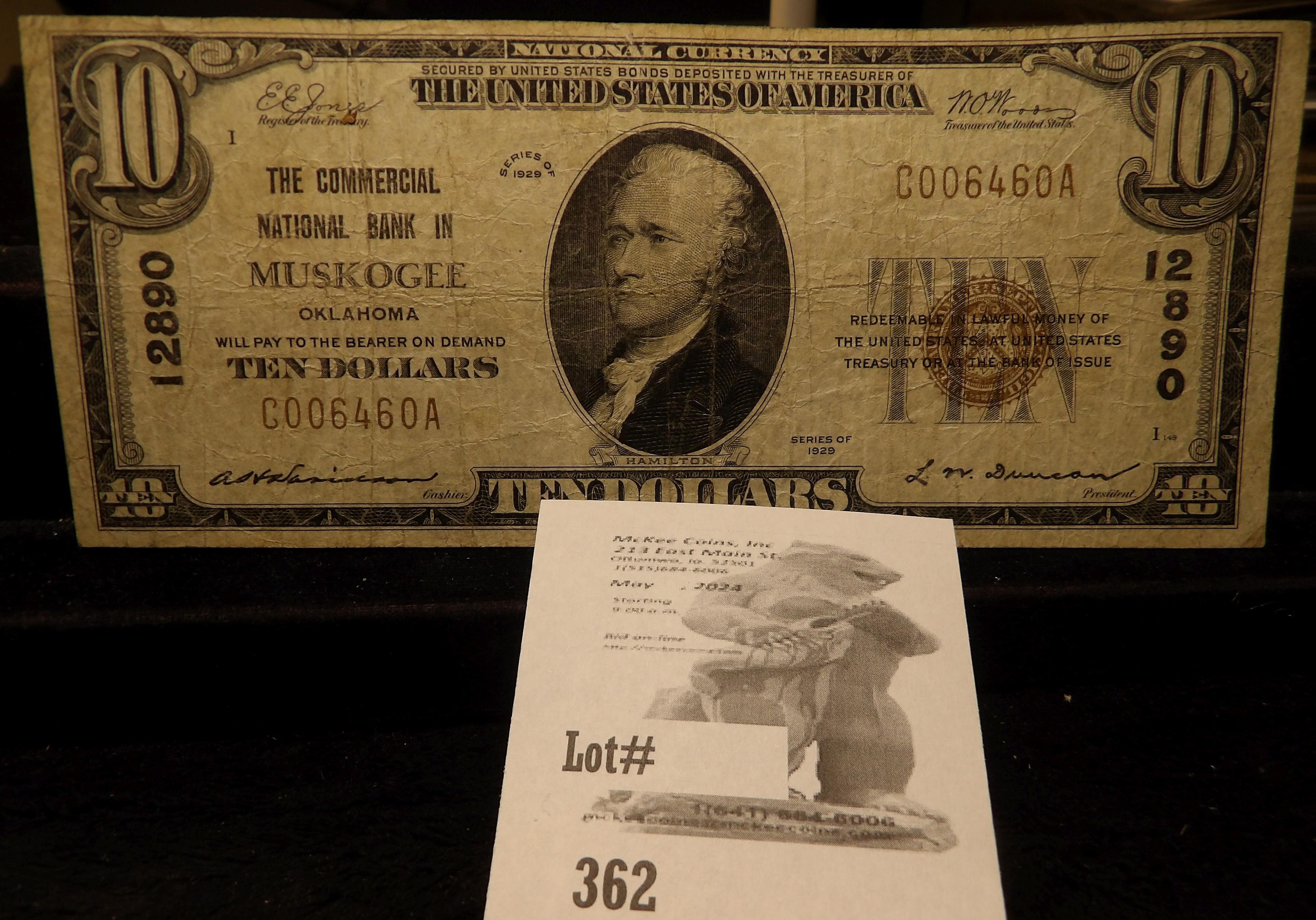 Series 1929 Type 1 $10 The Commercial National Bank of Muskogee, Oklahoma, serial number C006460A. C