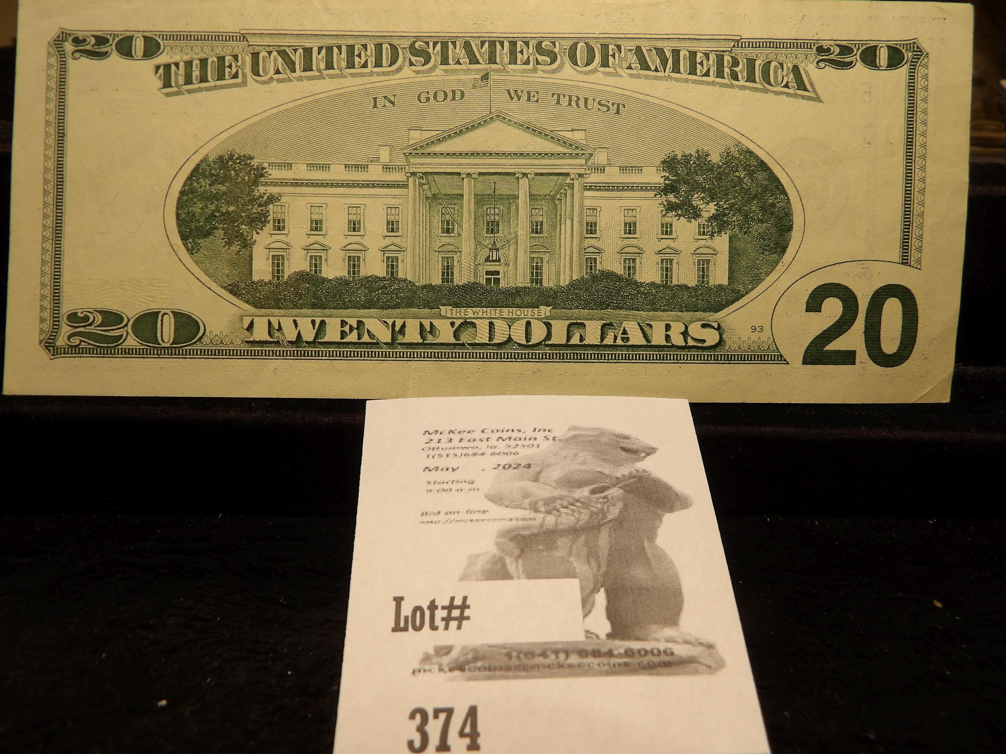 Series 1996 U.S. $20 Federal Reserve Note, Printing error Bleed Through on left obverse. Near Crisp