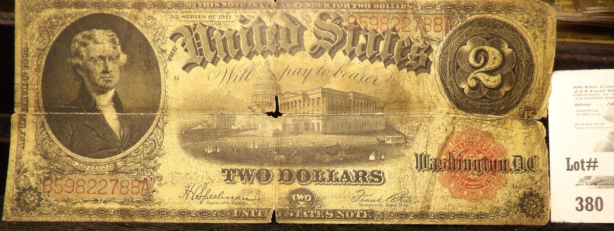 Series 1917 $2 Legal Tender Large Size, Red seal Note, vignette of Thomas Jefferson left center, som